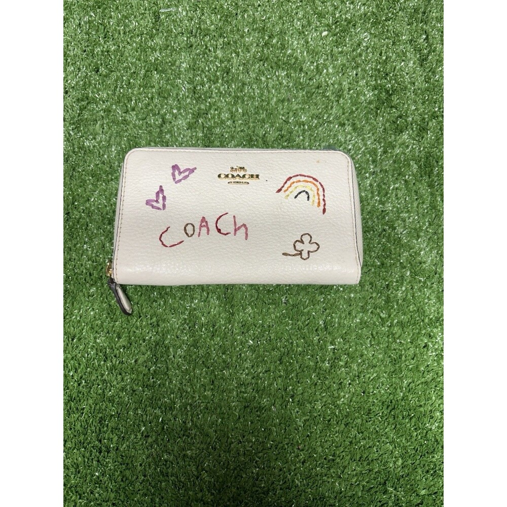 Coach Chalk Pebble Leather Zip Around Wallet Gold Hardware Embroidered ID Window